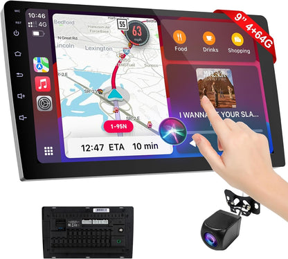 9 Inch Cars Radio with Apple Carplay and Android Auto, 2 Din Car Stereo with HD Backup Camera, GPS Navigation, Bluetooth, Voice Control, Mirror Link, FM/AM/AUX for All Vehicles(4+64Gb)